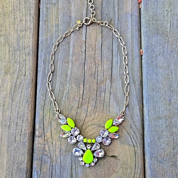 J Crew Gold (Brass Tone ?) and Neon Green Statement Crystal Necklace - Picture 9 of 13